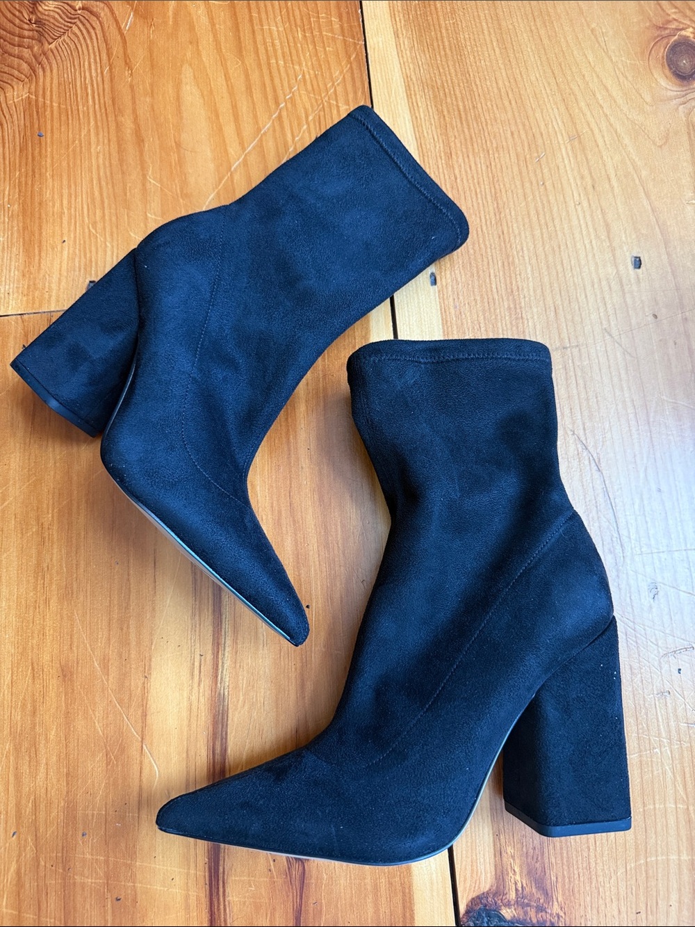 Marc Fisher Black Suede Pointed Toe Block Heel Ankle Boots